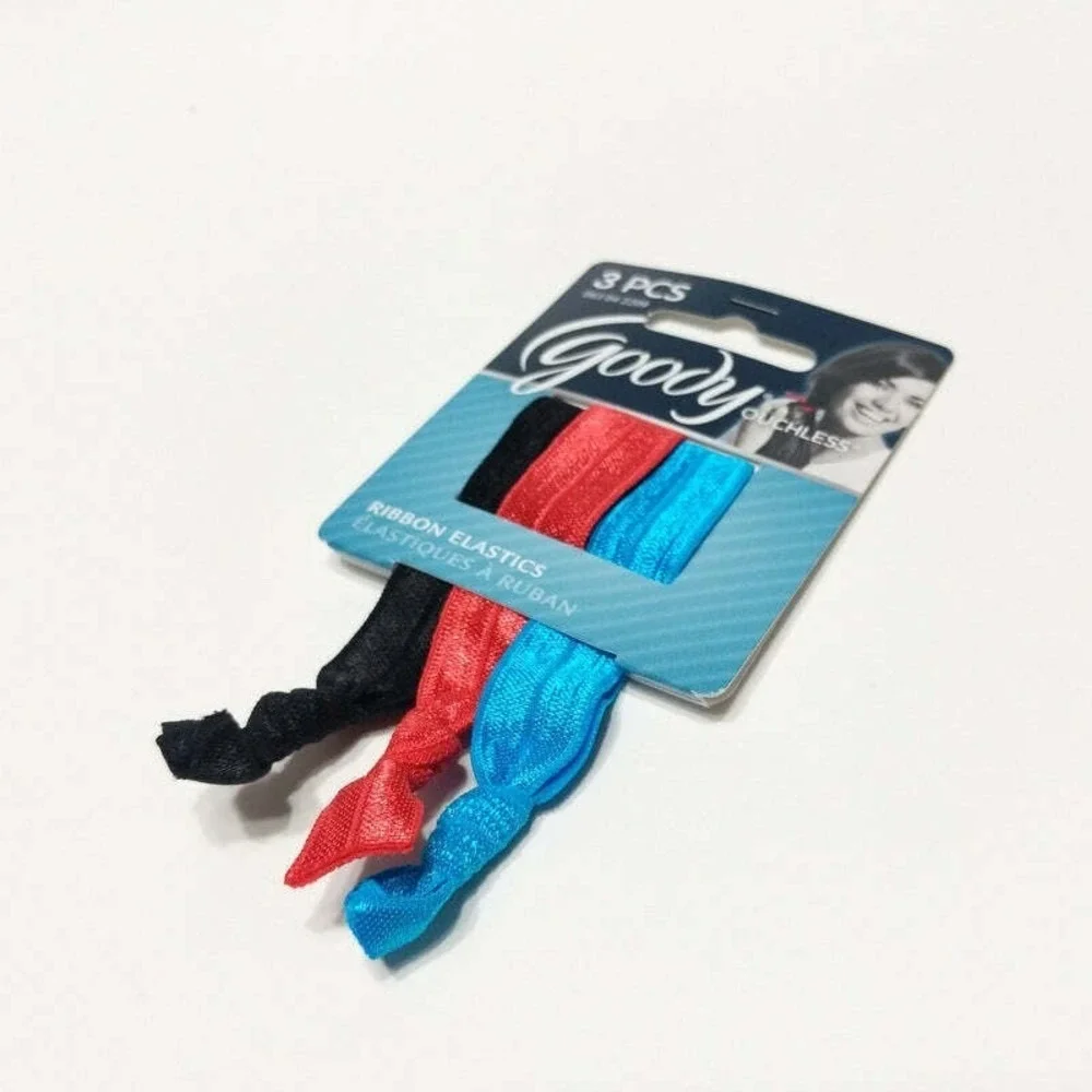 Goody Ouchless Ponytailers Ribbon Elastic Hair Tie 3 PCS Black Blue Red Solid